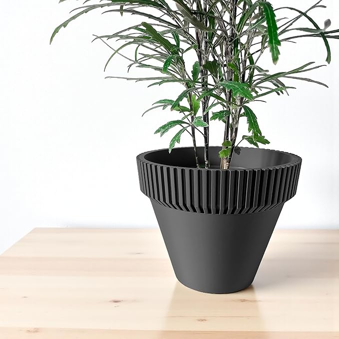 Vertex Vessel Modern Planter – Ribbed Cone Pot with Matching Tray, Flower Planter with Drainage for Indoor Plants & Modern Home Decor (Obsidian Black, Outer Dimensions: Compact 6" Width x 4" Height)