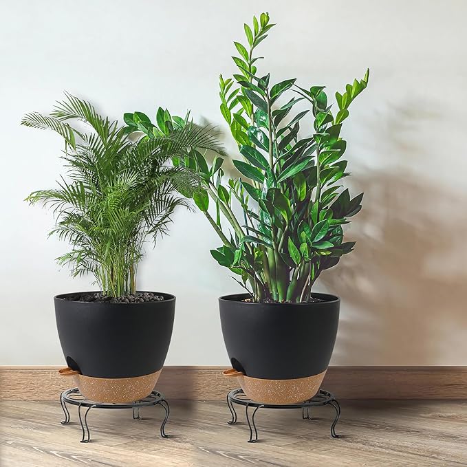 UOUZ 12inch 2Pack Large Self Watering Planters, Plastic Plant Pots with 60oZ Removable Deep Reservoir and Multi Mesh Drainage Holes for Indoor Outdoor Garden Plants and Flowers, Black with Brown