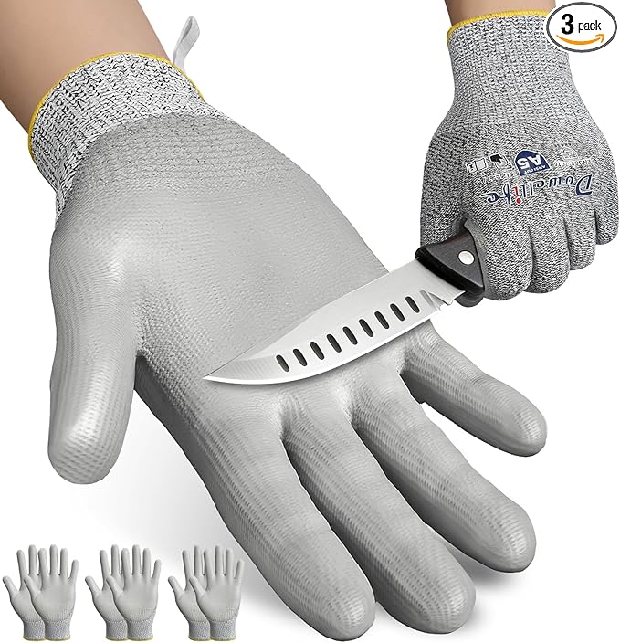 Dowellife Cut Resistant Work Gloves for Men & Women - ANSI A5 & EN388 Level 4, Breathable PU Coated, Grey Non-Marking - for Gardening, Fishing, Automotive, Construction, Wood Carving (Small, Grey)