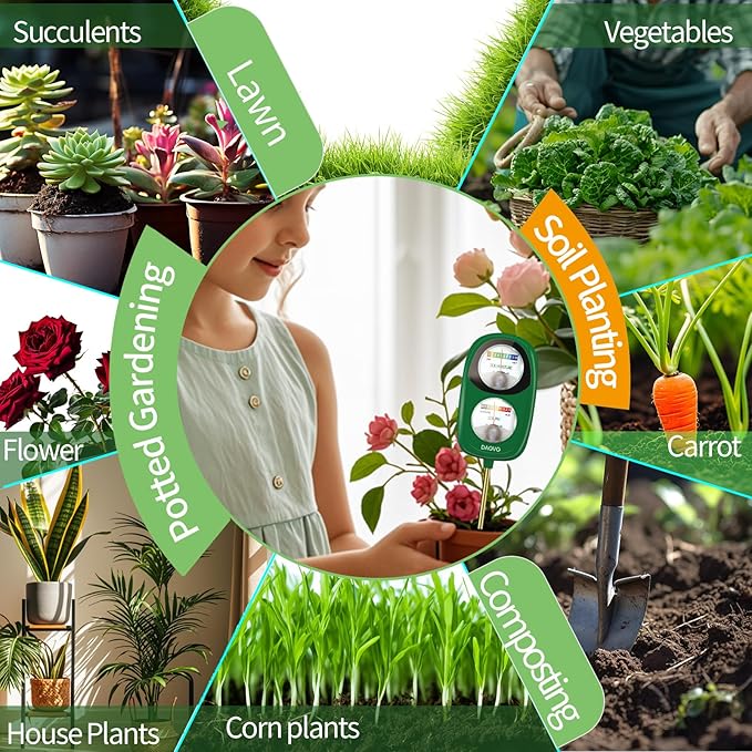 2-in-1 Moisture Meter for Plants, Soil Moisture Meter & PH Meter, Large Dual-Screen Soil Test Kit for Indoor/Outdoor Garden, Lawn, and Farm Use, No Battery Needed, Leaf Green