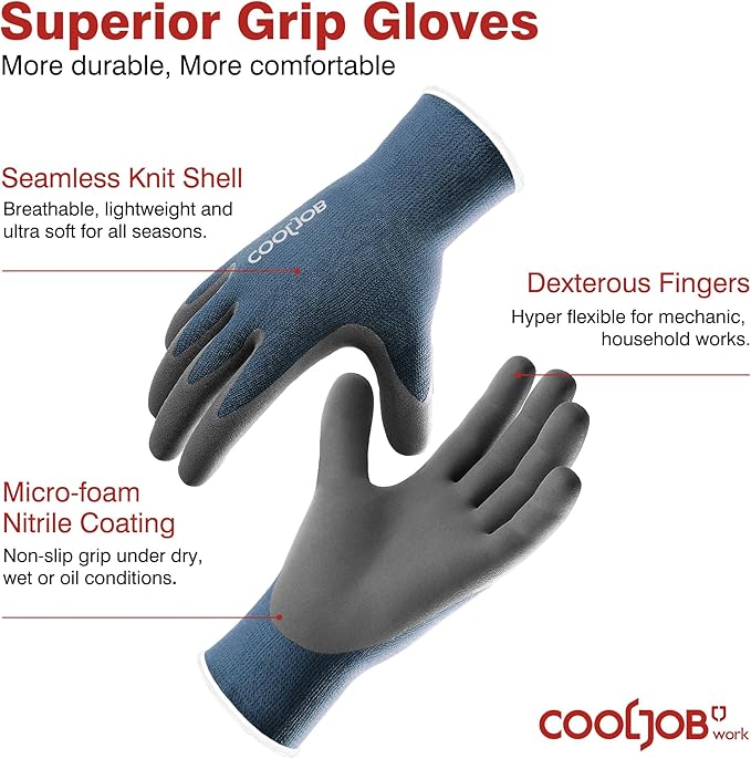 COOLJOB Gardening Gloves for Men, 6 Pairs Breathable Rubber Coated for Garden Weeding Landscaping, Outside Work for Lawn Yard, Men's Medium Size, Black & Blue