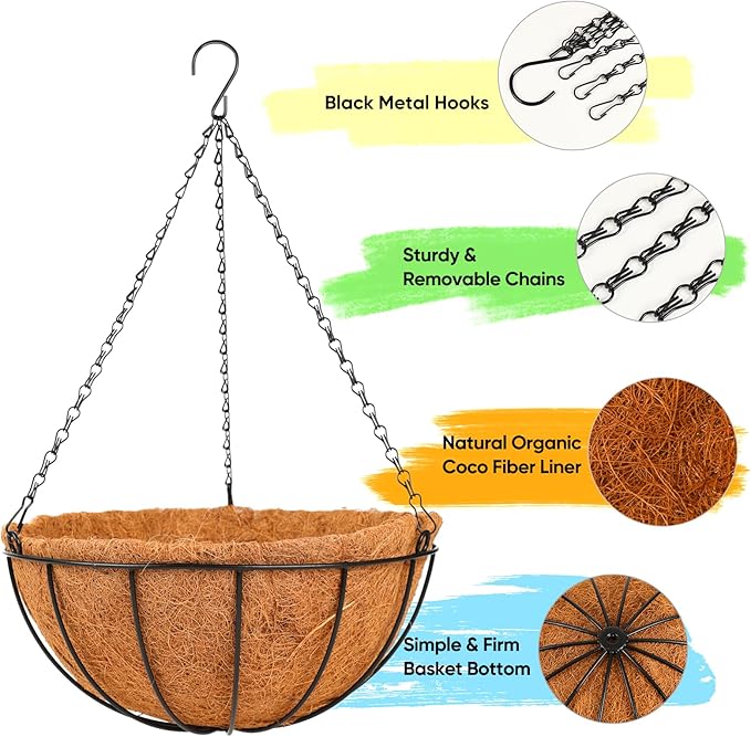 HKZ Hanging Basket Planter Plants Outdoor - 2 Pack 12 Inch Metal Hanging Planter with Coco Liners, Chain Hook Hanging Flower Pots for Indoor Outdoor Garden Porch Decoration