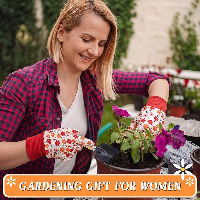 Cuffbow 6 Set Mother's Day Gardening Gifts Floral Gardening Gloves, Garden Shovel, Mini Garden Tools with Mother's Day Cards and Bags for Mom Grandma Birthday Gift (Cute)