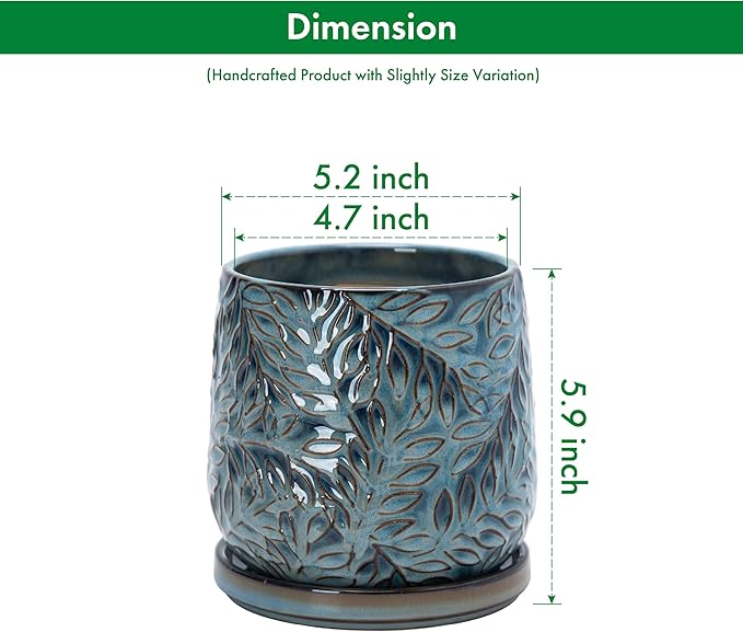 D'vine Dev 5 Inch Embossed Leaves Stoneware Planter Pot with Drainage Hole and Saucer, Ocean Teal, 27-A-V-8