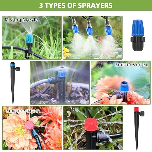 250FT Drip Irrigation System Kit, Automatic Garden Watering System with 1/2" Hose and 1/4" Distribution Tubing-Adjustable Nozzles & Sprinklers for Garden Irrigation, Yard, Lawn, Potted Plants。