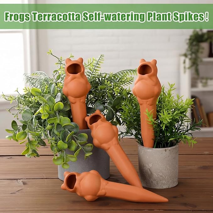 4 Pack Terracotta Self Watering Stakes Frogs Shaped Plant Watering Devices Spikes Irrigation Slow Release Plant Self Water Spikes Planter Insert for Garden Indoor Outdoor Pot Plants