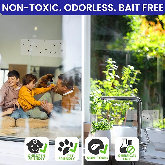 50 Window Fly Traps Sticky Non-Toxic Clear Fly Paper Indoor for Home. No Mess Flies Window Sticky Traps Bug Flies Strips Indoors. Fruit and Housefly Trap Indoor Flypaper Tape Gnat Catcher Killer.