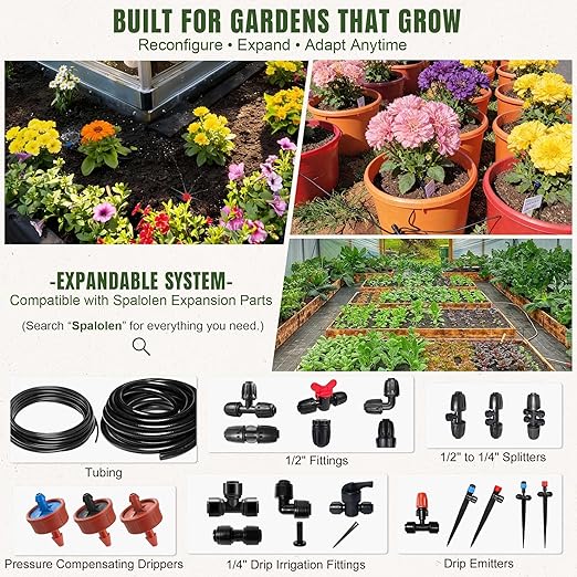 100FT Drip Irrigation System Kit Dual-Zone Garden Atomizing Watering System with 30 Copper 360° Adjustable Bendable Nozzles,Y-Splitter, Leak-Proof 1/4" Misting System for Garden Greenhouse Raised Beds