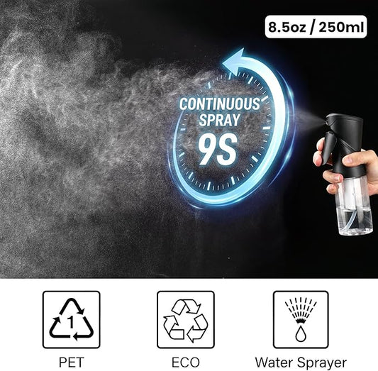 1 Pack 8.5oz Continuous Spray Bottle for Hair Styling & Plants - Fine Mist Sprayer Refillable Empty Water Dispenser for Cleaning, Ironing, Watercolor & Pet Care - Black