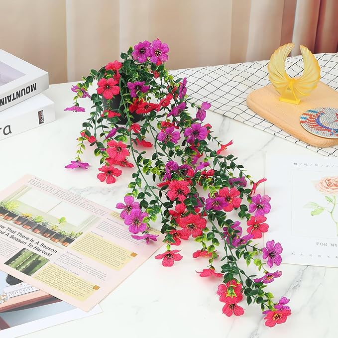 Fake Plants Hanging Artificial Potted Faux Eucalyptus Plants and Flowers for Modern Boho Farmhouse Bathroom Office Desk Wall Book Shelf Living Room Aesthetic Decor Indoor (Purple & Rose Red)