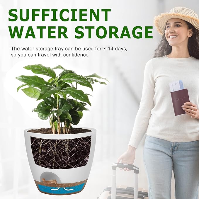 QRRICA Plant Pots 10/9/8 Inch Self Watering Pots, Set of 3 Plastic Planters with Drainage Holes and Saucers,Plastic Flower Pots,Nursery Planting Pot for Indoor Out Door Plants（White）