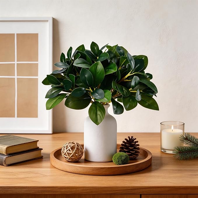 12 Inch Artificial Plant Indoor,Small Fake Plants Eucalyptus Stems With Vase,Faux Greenery In Pot For Farmhouse Home Decor,Bathroom Living Room Kitchen Office Coffee Table Centerpiece (White)