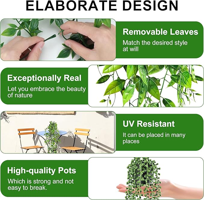 USLAI Artificial Hanging Plants Vine, Fake Potted Greenery Faux Eucalyptus, Mandala, String of Pearls, Pea Pod Leaves in Pot for Office Living Room Bathroom Indoor Outdoor Décor (4 Pack)