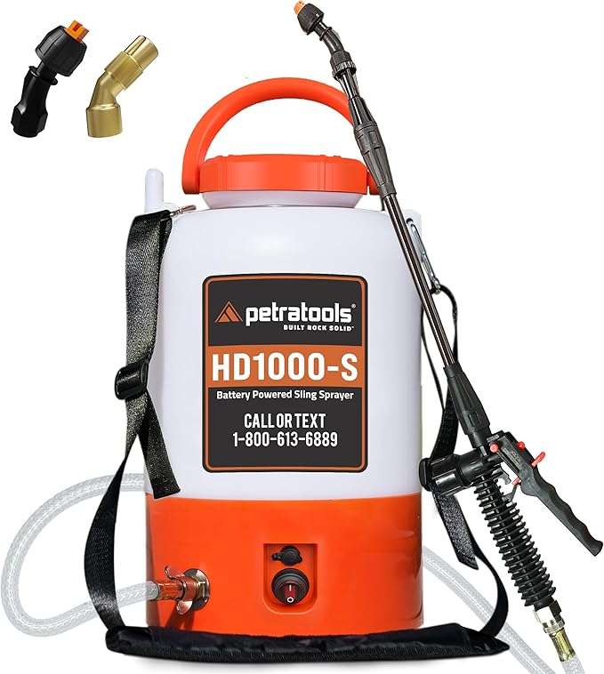 PetraTools Battery Powered Sprayer 1 Gallon - HD1000-S - Heavy Duty Electric Sprayer for Lawn and Garden Weed/Pest Control, Watering - with Battery, Charger & 2 Nozzles (1 Gallon)