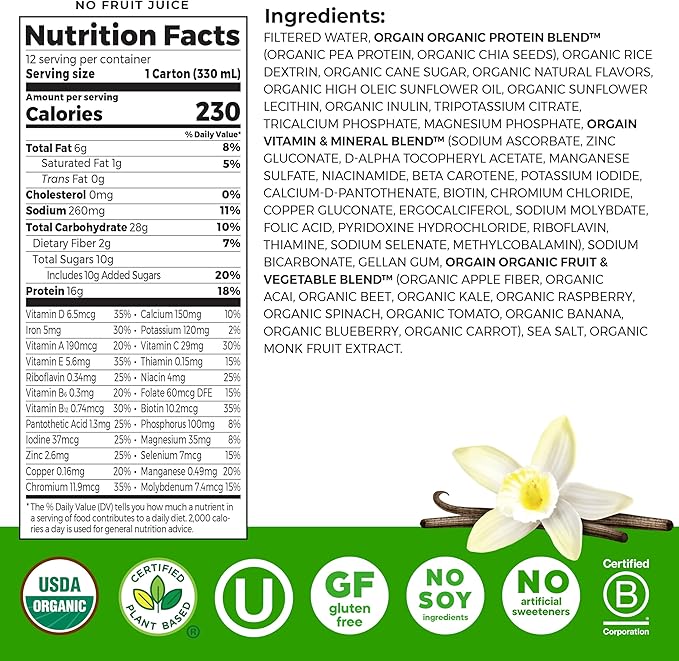 Orgain Organic Nutritional Vegan Protein Shake, Vanilla Bean - 16g Plant Based Protein, Meal Replacement, 21 Vitamins & Minerals, Fruits & Vegetables, Gluten Free, Non-GMO, 11 Fl Oz (Pack of 12)