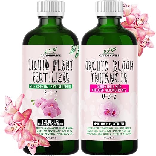 GARDENWISE Orchid Fertilizer – Complete Orchid Plant Food Set 3-1-2 & 0-3-2 Liquid Fertilizers for Blooming, Root Growth – Optimal Orchids Care (2 x 8 OZ Bottles)