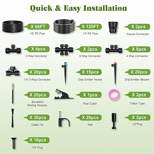 Drip Irrigation Kit for Garden, Automatic Watering System with Quick Connect Fittings, Adjustable Spray Nozzles, Water Saving Irrigation System for Yard, Greenhouse, Lawn & Potted Plants (191FT)
