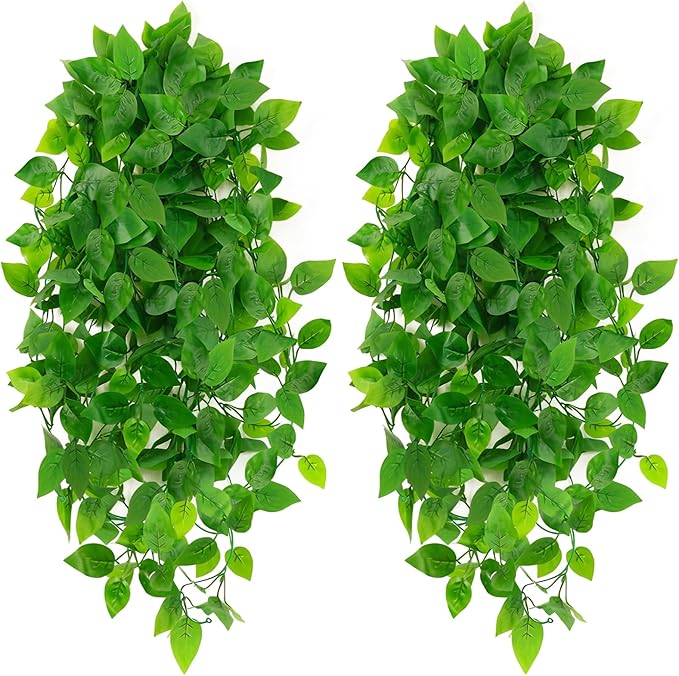 Artificial Hanging Plants, 2pcs Fake Pothos Vine Greenery for Wall Decor - Indoor Outdoor Home Living Room Hanging Decor, No Basket Included
