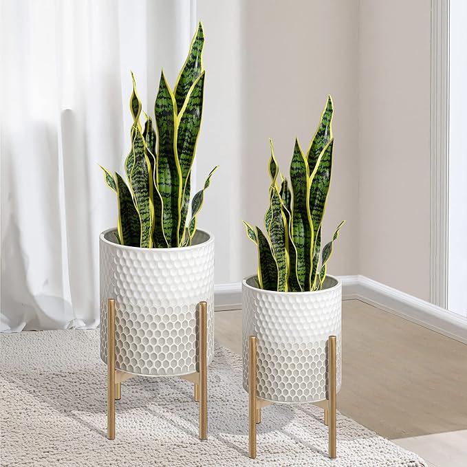 Oakrain Mid Century Planters for Indoor Plants, Set of 2, Modern Decorative Metal Planter Pots for Living Room, Office, Garden or Balcony, Gray and White Gradient Planter with Stand, 8"&10"