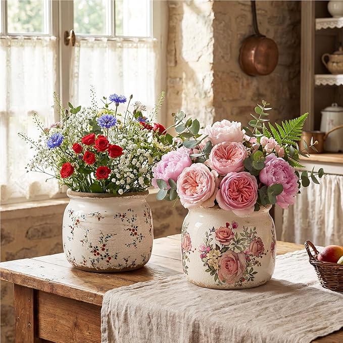2 Pcs Vintage Planter Ceramic Plants Pot with Drainage Ice Crack Scroll Flower Vase Pot for Indoor Outdoor Plants Home Kitchen Decor Gifts(Farmhouse Rose,5.9")
