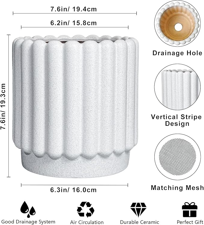 Ceramicfor Ceramic Planters for Indoor Plants - 7.6 Inch Ceramic Plant Pots Outdoor, Round Flower Pots with Drainage Hole, Fluted Modern Planter, Room House Decor, Gifts for Plant Lovers, White