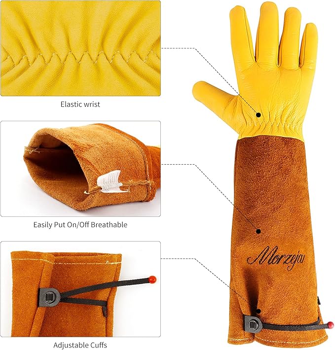 Morzejar Large Gardening Gloves for Men&Women, Professional Rose Pruning Gloves Thorn Proof, Adjustable Cuff, Breathable Leather Cowhide Long Garden Gloves,Garden Gifts & Tools for Gardener,Yard Work
