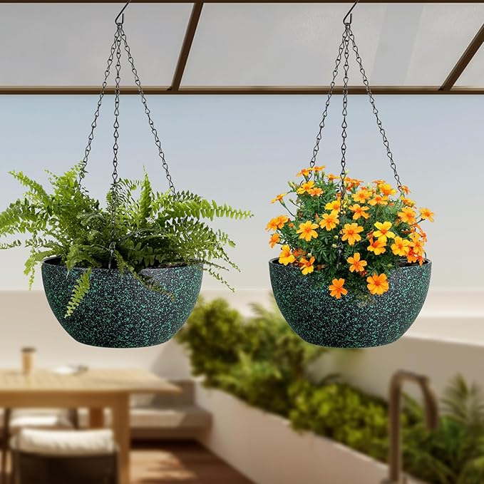 Meowell 12 inch Large Hanging Planters for Indoor Outdoor Plants, 2 Pack Hanging Flower Pots with Drainage Holes and Chain, Plastic Hanging Baskets for House Plants, Black with Green Speckles
