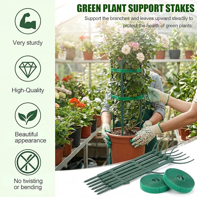 10 Pack Stackable Plant Support Stakes for Indoor Outdoor Plants, Pothos Plant Climber Support Structures with 2 Rolls Hook and Loop for Vine Training Stem Stabilization