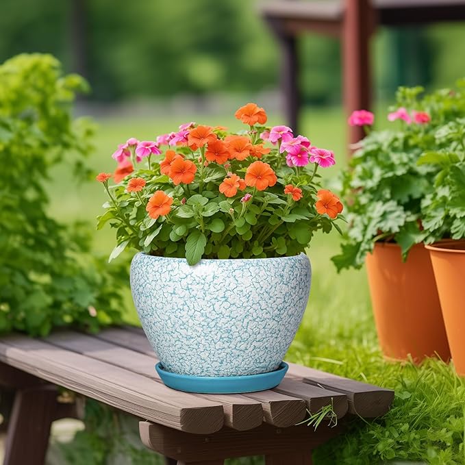 Ceramic Flower Pots - 10 Inch Ceramic Planter with Drainage Hole and Tray, Large Planters for Indoor Outdoor Plants, Decorative Planter, Living Room Decor, Plant Lover Gifts, Crackle Blue