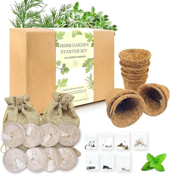 Indoor Herb Garden Starter Kit, Ushine 7 Herb Seeds Grow Kit Basil, Cilantro, Parsley, Mint, Dill, Thyme,Sage, DIY Kitchen Plant Grow Kit for Growing Herb Seeds Perfect Gardening Gifts