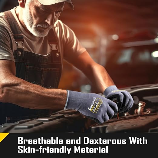 COOLJOB 3/6/12 Pairs Nitrile Rubber Coated Nylon Safety Work Gloves, Dotted for Non-Slip Grip, Breathable Soft Seamless Knit Nitrile Dipped Gloves for Warehouse, Home Improvement, Yard, Grey Large