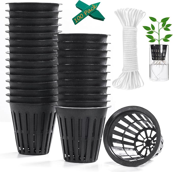 ORIMERC 2 inch Net Pots for Hydroponics Plants, 100 Pack Net Cups with Watering Rope & Plant Labels, for Hydroponic Supplies Aquaponics Vegetable Garden Growing Baskets Nursery Slotted Mesh tower Pots