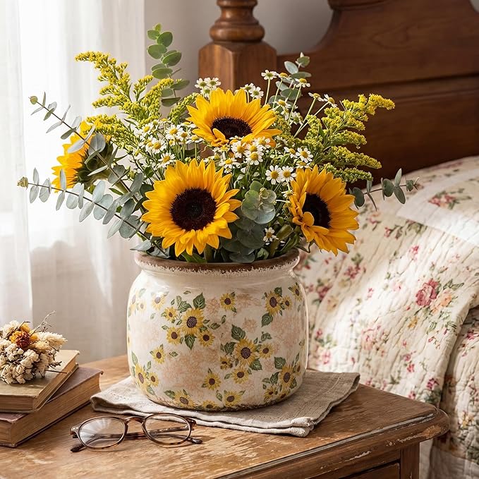 7.7″ Large Vintage Ceramic Plant Pot with Sunflowers Pattern Warm Yellow Rustic Planter with Ice Crackle Glaze & Drainage Hole for Indoor Outdoor Plants Home Kitchen Office Decor Gift