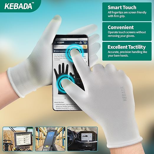 Kebada W1 Work Gloves for Men and Women, PU Coated Safety Gloves with Grip, Touchscreen, Ideal for Warehouse Package Handling, Construction, Gardening, White Small