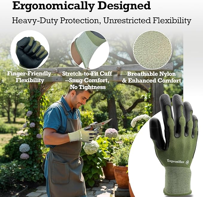 2 Pairs Thickened Non-Slip Gardening Gloves, Recyclable TPE Coating, Durable Breathable Work Gloves for Weeding, Planting, Landscaping & Yard Work, Universal Fit, Olive Green