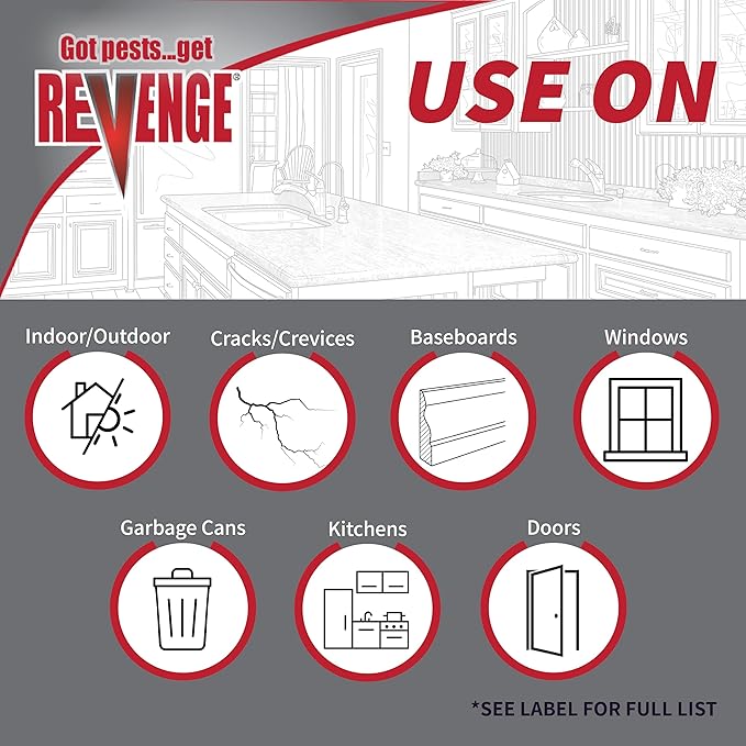 Revenge Home Pest Control, 18 oz Concentrate, Long Lasting Protection Kills 500+ Listed Insects, for Indoors and Outdoors