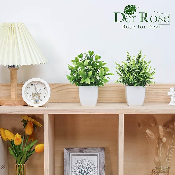 Der Rose 2 Pack Fake Plants Small Faux Artificial Small Potted Plants Indoor for Room Home Office Farmhouse Bathroom Decor