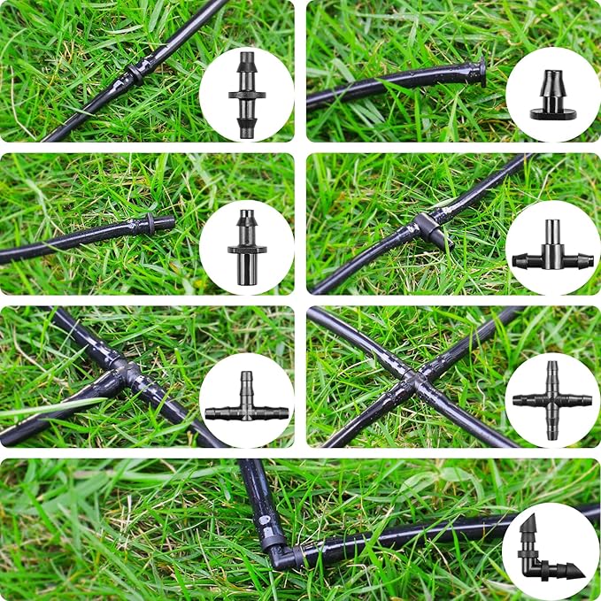Drip Irrigation Fittings Kit for 1/4" Tubing, 220 Pcs Drip Line Connectors for Drip Systems - Valves, Nozzles, Micro Drips, Single barbs, 4 Way Cross, Tees, Couplings, End Plugs, Elbows, Hose Stakes