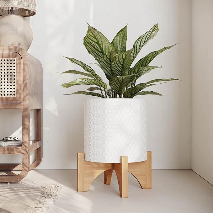EverNest Claire Boho Modern White Planter with Arch Wood Stand, Indoor Mid-Century Plant Pot, SelectBase, Minimalist Planter Stand Home Décor (Small, 1 Gallon)