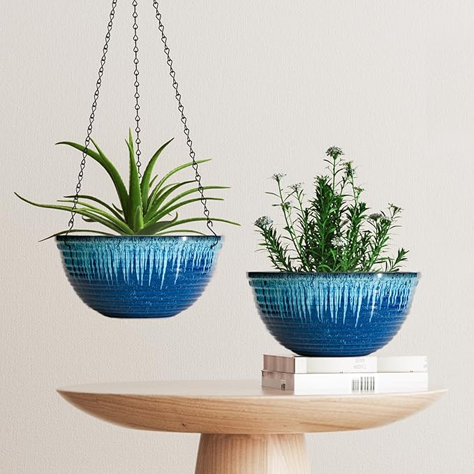 Vanslogreen 12 inch Hanging Planters for Indoor Outdoor Plants, 2 Pack Large Hanging Flower Pots with Drainage Holes and Chain, Glazed Hanging Baskets for Home Garden Decoration (Blue Flow Glaze)