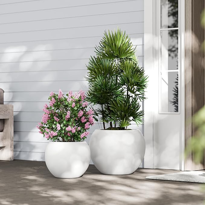 DTY Mount Sherman 21.1'' D x 16.7'' H (Pot Opening 14.6") Fiberstone Round Planter with Drainage Hole, Smooth Finishes, Weather Resistant for Indoor and Outdoor, 2 Extra Coco Mats - White, Large
