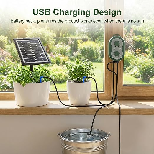 50FT Solar Automatic Drip Irrigation Kit System, Smart Self-Watering System with USB Charging for Outdoor Indoor Use, 2200mAh Automatic Watering System Supports 15 Pots for Garden, Balcony & Patio