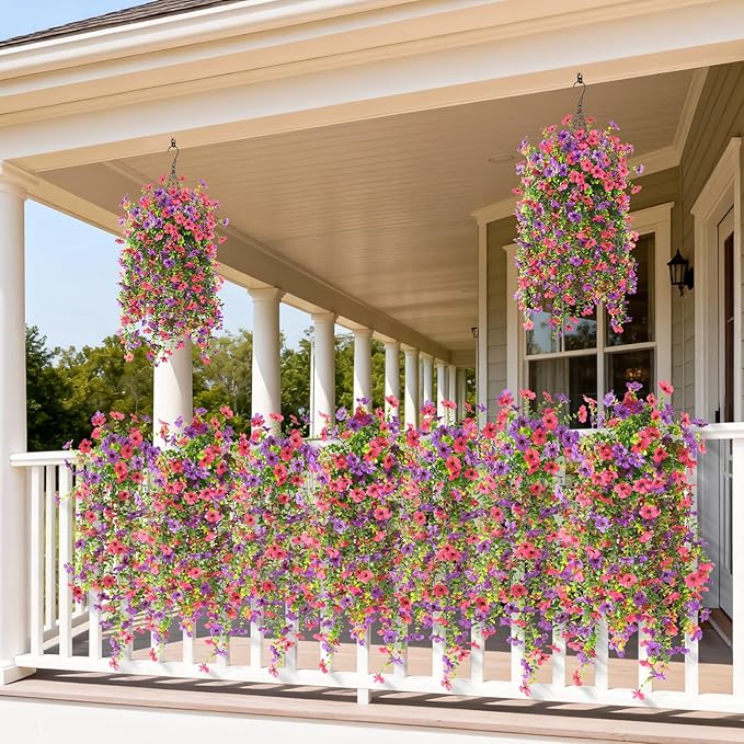 Artificial Hanging Flowers for Outdoors, 2 Pcs Fake Hanging Plant Spring Summer Decoration, UV Resistant No Fade Faux Silk Daisy Flower for Planter Porch Patio Yard Garden Decor(Purple Hot Pink)