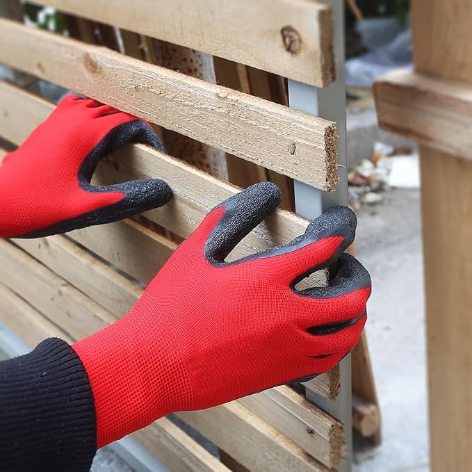 Evridwear Crinkle Latex Rubber Hand Coated Safety Work Gloves for Men Women General Multi Use Construction Warehouse Gardening Assembly Landscaping,Red Large 12 Pairs Pack