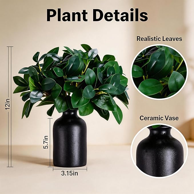 12 Inch Artificial Plant Indoor,Small Fake Plants Eucalyptus Stems With Vase,Faux Greenery In Pot For Farmhouse Home Decor,Bathroom Living Room Kitchen Office Coffee Table Centerpiece (Black)