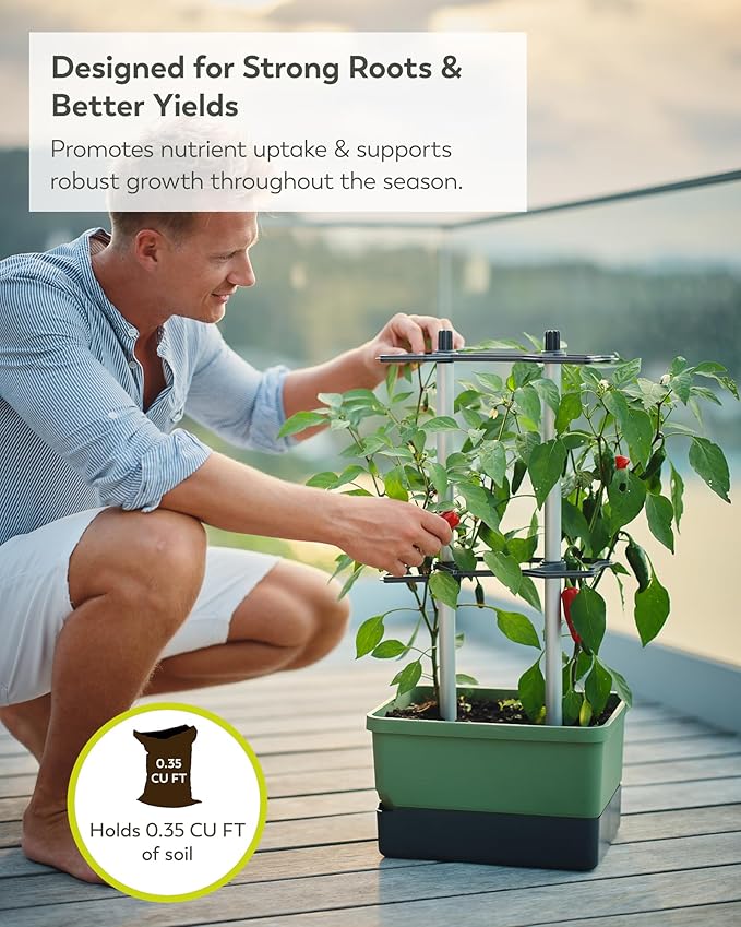 BUZZY Seeds Charly Chili Self-Watering Planter with Vertical Trellis – 1.2 Gal Reservoir, Large Capacity Planter for Chili Peppers, Bell Peppers & Eggplants (Green)