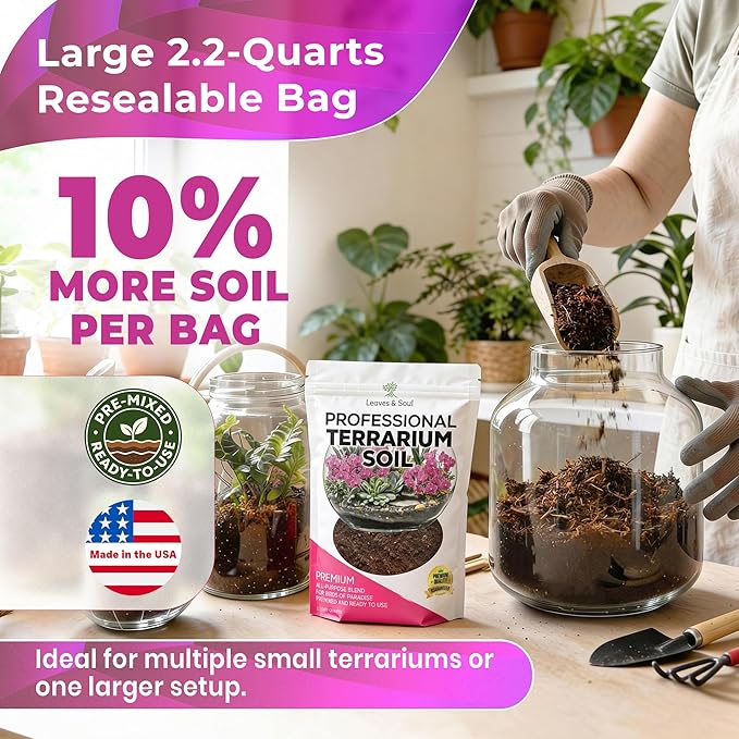 Professional Terrarium Soil | Premium Bedding for Live Succulents, Cacti and Aloe Plants | Large 2.2 Quarts | Ready to Use | Pine Bark, Peat, Course Sand