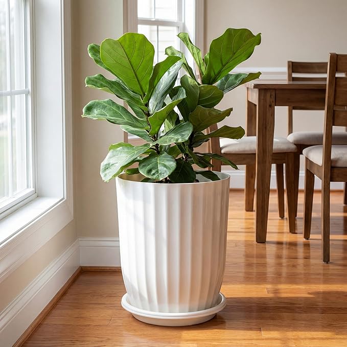 Briwooody 2 Pcs Tall Planter 12.6" Large Round Plastic Plant Pots with Drainage Hole and Tray White Modern Planter for Indoor Outdoor Plants Home Office Kitchen Bedroom Living Room Porch Patio Decor