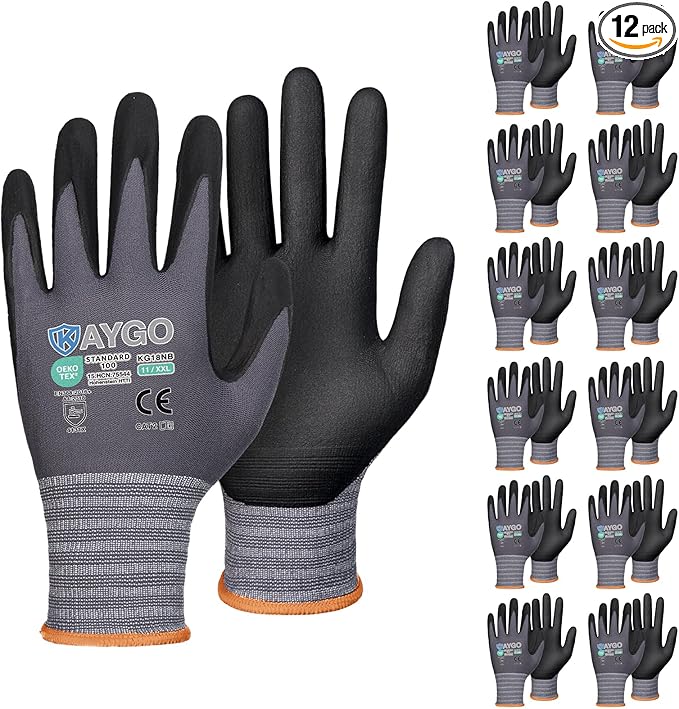KAYGO Safety Work Gloves MicroFoam Nitrile Coated, 12 Pairs KG18NB,Seamless Knit Nylon Glove for Men and Women, Ideal for Automotive,Warehouse,Construction (2X-Large,Gray)