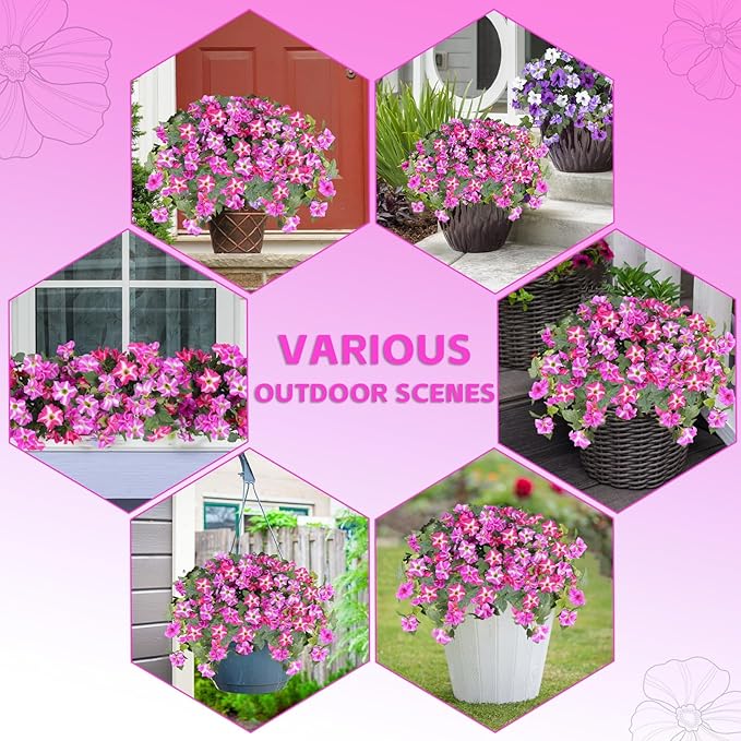 Alotiki Artificial Fake Flowers for Outdoor Decoration,4 Pcs Faux Petunias Flowers UV Resistant Silk for Porch Yard Garden Home Indoor Decor(Purple Red)